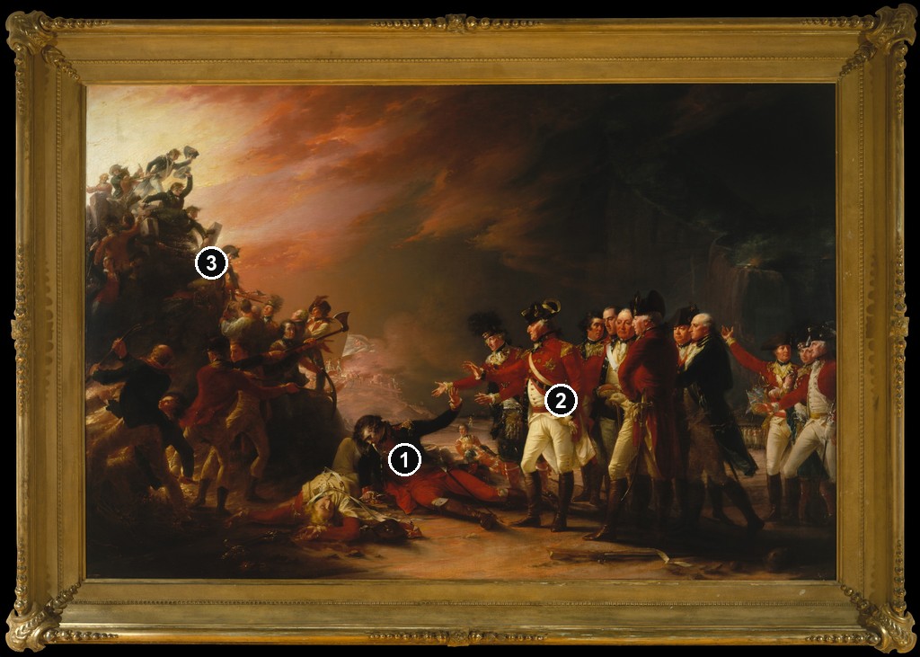 Annotated details from The Sortie Made by the Garrison of Gibraltar by John Trumbull